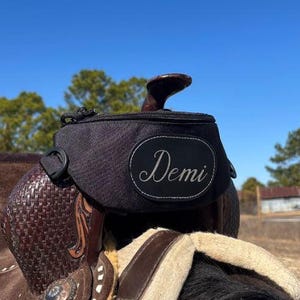 May include: A black saddle bag with the name "Demi" embroidered in white script. The bag is attached to a brown leather saddle with silver accents. The saddle is on a horse, with a blue sky and trees in the background.
