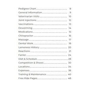 May include: A white page with the word "CONTENTS" in bold, black, uppercase letters at the top. Below, a list of topics with page numbers, including "Pedigree Chart," "Veterinarian Visits," and "Training & Maintenance."