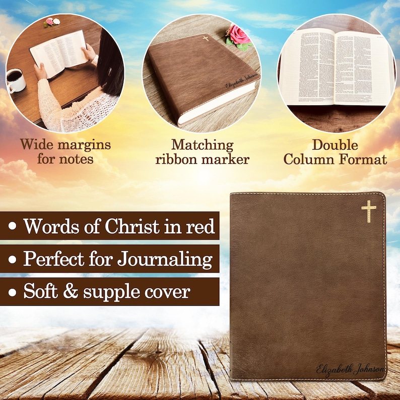 May include: A brown journal with a cross emblem on the top right corner and the name Elizabeth Johnson engraved on the bottom right. The journal features a soft cover, wide margins for notes, a ribbon marker, and a double column text format.