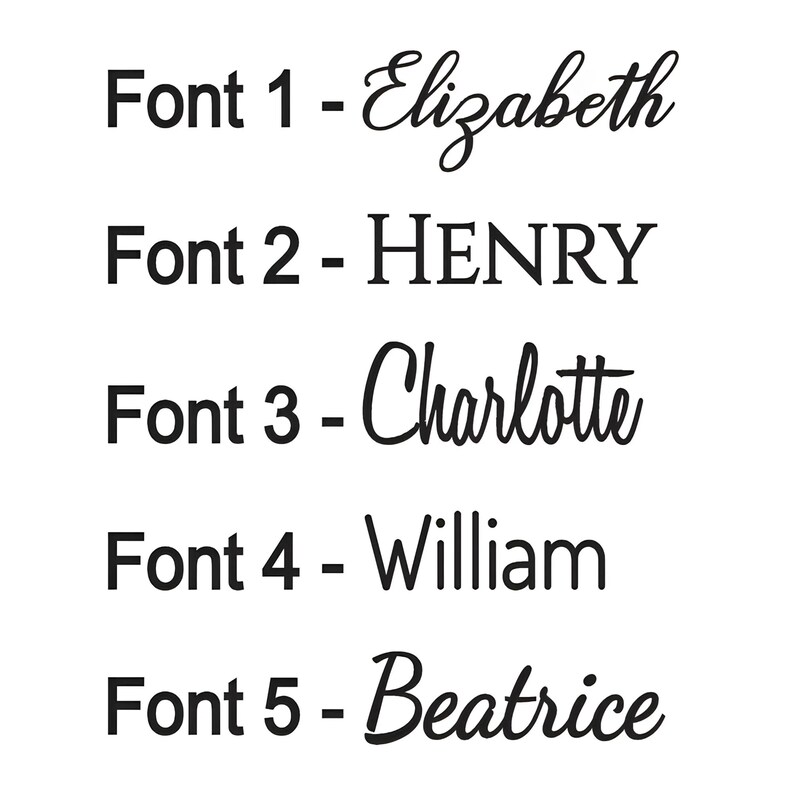 May include: A white background displays five font styles with names. Font 1 is Elizabeth, Font 2 is HENRY, Font 3 is Charlotte, Font 4 is William, and Font 5 is Beatrice. Each font is labeled with a number.