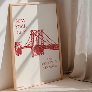 Brooklyn Bridge Print: Retro NYC Wall Art, Red Sketch (Digital Download)