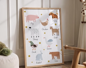 Farm Animal Nursery Print, Baby Animal Wall Art, Farmhouse Nursery Decor, Toddler Learning Poster, Animal Names Printable, Kids Room Decor