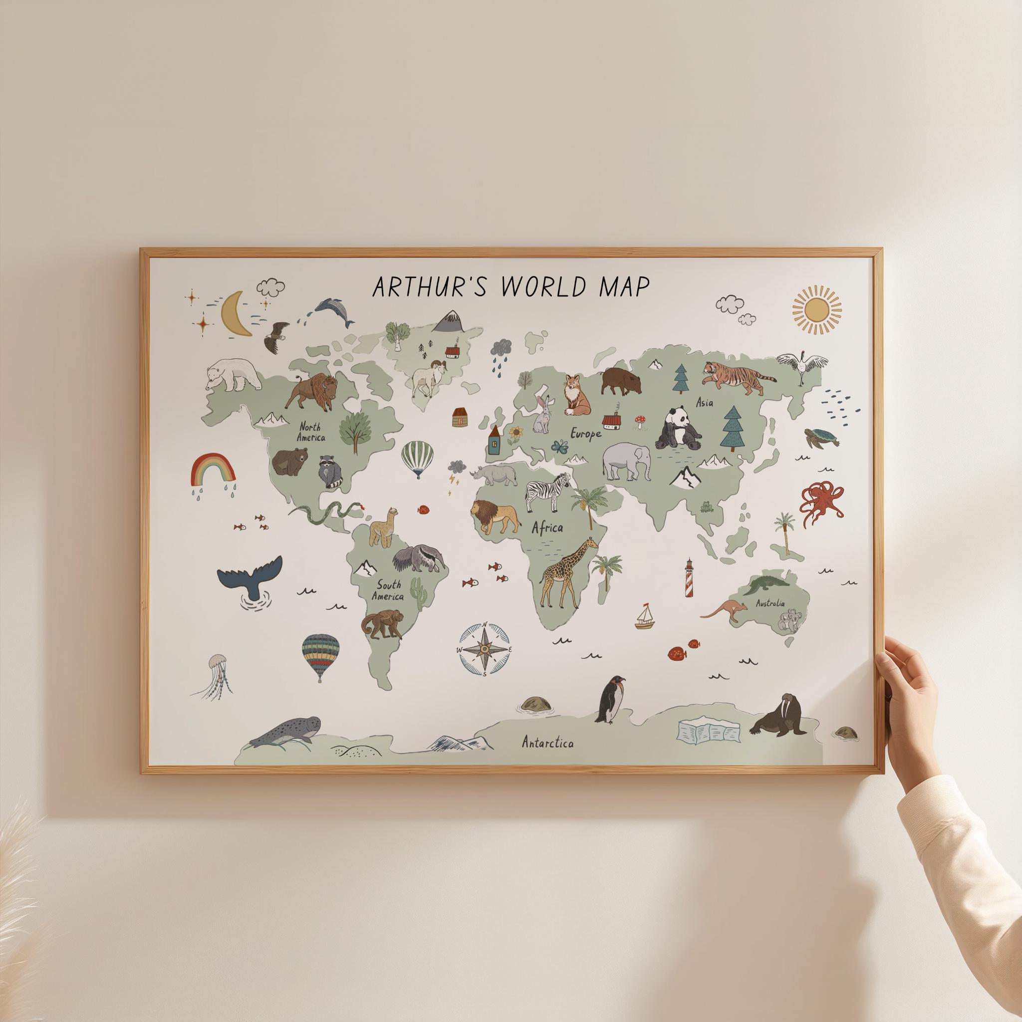 Personalised Animal World Map Print | Custom Kids Nursery Wall Art ...
