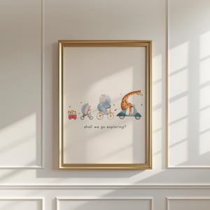 Whimsical Animal Bike Ride Print – “Shall We Go Exploring?” | Adventure Wall Art | Nursery, Kids Room, or Gift for Explorers