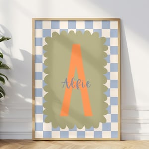 Personalised Kids Name Print, Modern Checkerboard Nursery Decor, Toddler Boys Decor, Custom Initial Print, Baby Boy Nursery