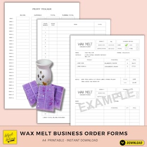 May include: Printable wax melt order forms for a small business. The forms include sections for customer name, address, phone number, order details, payment method, and notes. The forms are designed to be easy to use and organised.