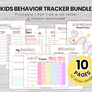 May include: A bundle of printable kids' behavior trackers with a colorful design. The bundle includes pages for tracking triggers, coping skills, and rewards. The text on the image says "KIDS BEHAVIOR TRACKER BUNDLE" and "10 PAGES w/ sticker designs."