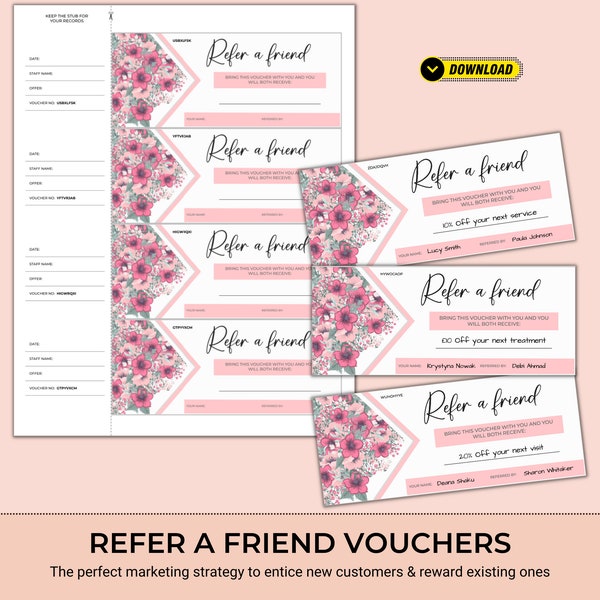 Refer a Friend Vouchers to Help Expand Your Beauty Business | Referral Cards - Small Business Loyalty Card for Clients, Printable Discounts