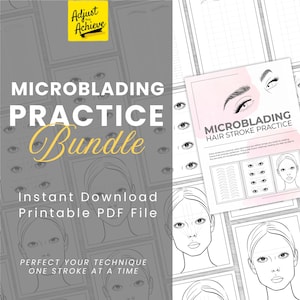 Op de afbeelding: Een bundel microblading oefenbladen. De hoofdafbeelding toont de tekst "MICROBLADING PRACTICE Bundle" in wit en goud. De tekst "Instant Download Printable PDF File" is ook zichtbaar. Een kleiner blad leest "MICROBLADING HAIR STROKE PRACTICE".