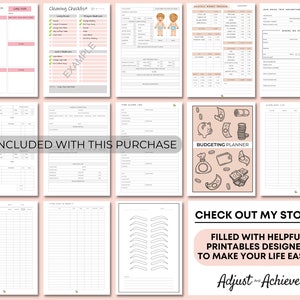 May include: A printable set of pink and white planner pages with a variety of checklists, trackers, and budget sheets. The pages include illustrations of a piggy bank, coins, and a baby. The text "NOT INCLUDED WITH THIS PURCHASE" is printed in black on a white background. The text "CHECK OUT MY STORE!" is printed in black on a pink background. The text "FILLED WITH HELPFUL PRINTABLES DESIGNED TO MAKE YOUR LIFE EASIER" is printed in black on a white background. The text "Adjust and Achieve" is printed in black on a pink background.