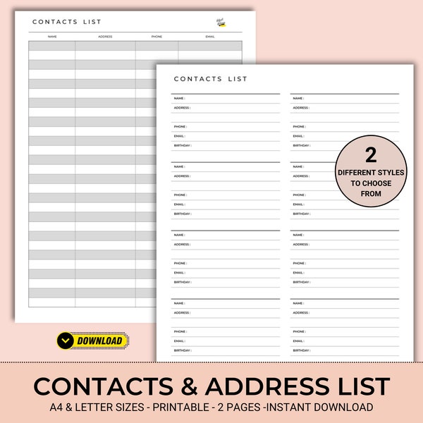 Printable Contact and Address book, Instant Download, Contacts and Address List, Minimal, Template, Folder, A4, and letter size