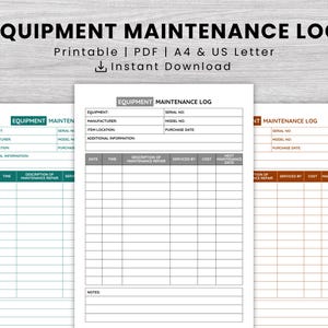 Registro de mantenimiento de equipos imprimible, hoja de registro de mantenimiento, rastreador de servicio de equipos, plantilla de registro de mantenimiento en PDF tamaño A4 Carta de EE. UU.