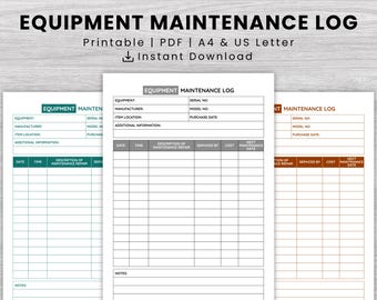 Equipment Maintenance Log Printable, Maintenance Record Sheet, Equipment Service Tracker, Maintenance Log Template PDF A4 US Letter