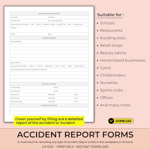 Printable Accident / Incident Report Forms Template | For Work or Home Based Business | Health & Safety Compliant | Digital Download |  (A4)