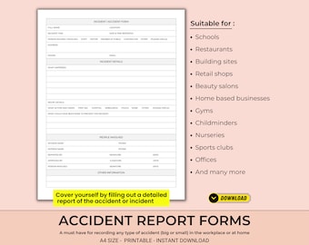 Printable Accident / Incident Report Forms Template | For Work or Home Based Business | Health & Safety Compliant | Digital Download |  (A4)