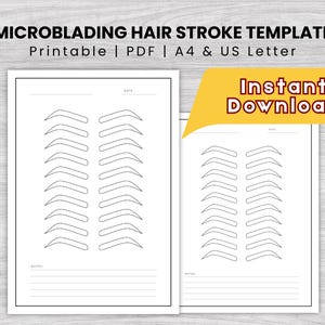 Op de afbeelding: Twee witte, afdrukbare sjablonen voor microblading haarstreken. Elke sjabloon bevat meerdere wenkbrauwcontouren om te oefenen. De tekst "MICROBLADING HAIR STROKE TEMPLATE" en "Instant Download" zijn zichtbaar.