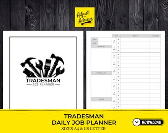 May include: Black and white logo of tools including a wrench, hammer, paintbrush, and screwdriver. The logo says "Tradesman - Job Planner" and is on a white background. The text "Tradesman Daily Job Planner Sizes A4 & US Letter" is on a yellow background with a download arrow.
