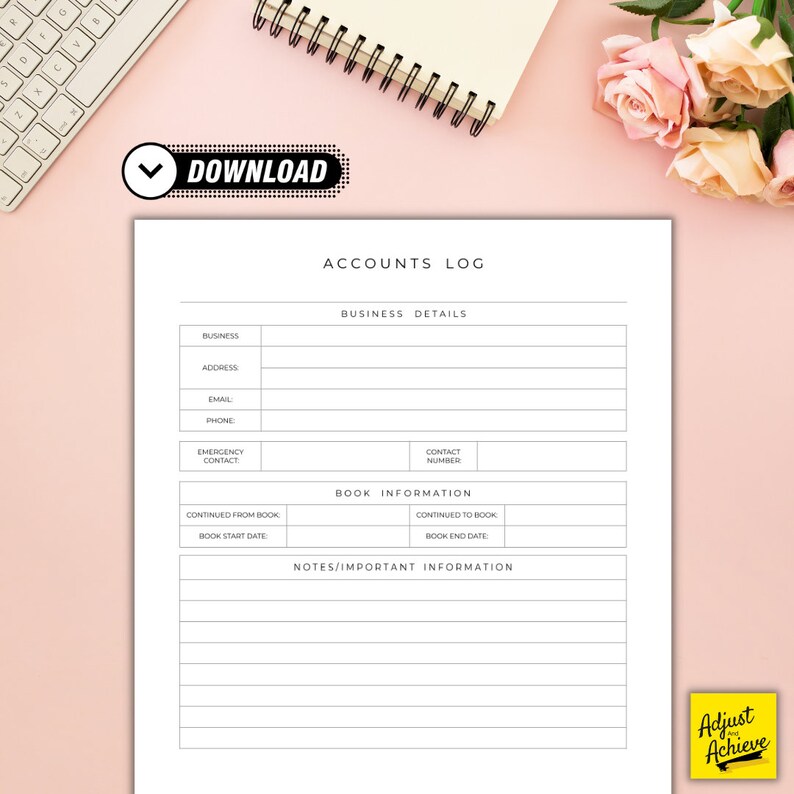 May include: A printable accounts log template with sections for business details, book information, and notes. The template has a minimalist design with black text on a white background.