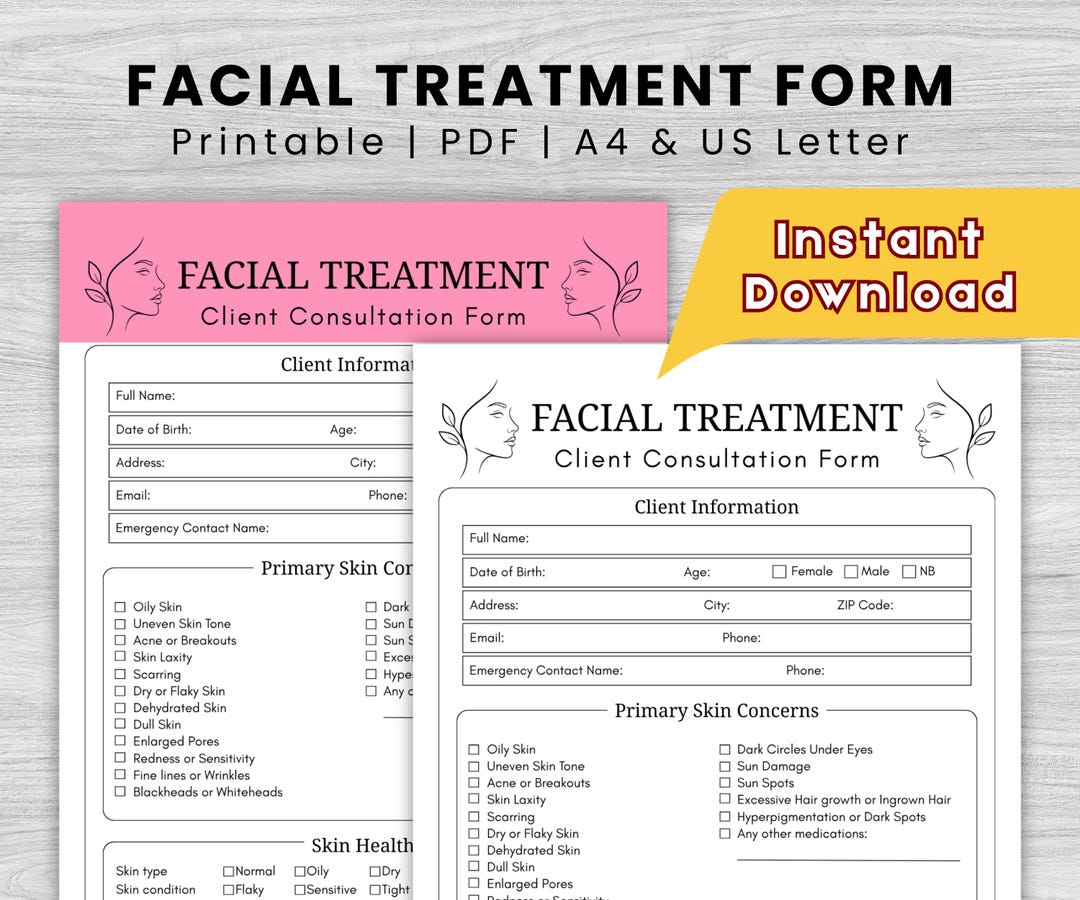 Facial Client Form Facial Treatment Form Printable, Client Consultation Form, Esthetician ...