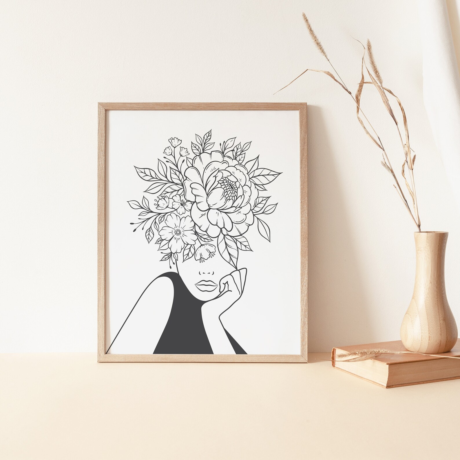 Head of Flowers Art Print Line Art Woman With Flowers Flower Etsy