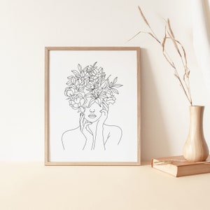 Head Of Flowers Art Print, Line Art Woman With Flowers, Flower Woman Line Art, Woman With Flowers Wall Art, Minimal Line Drawing Woman