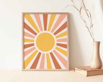 Large Sun Art Print, Abstract Sun Wall Art, Sun Rays Circle Print, Mid Century Modern Poster, Printable Sunburst Art, Sun Poster