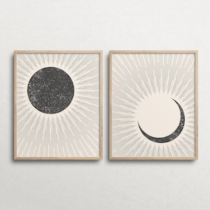 Sun And Moon Wall Art, Printable Set of 2 Prints, Abstract Sun Moon, Modern Art Print, Boho Decor, Minimalist Print, Line art