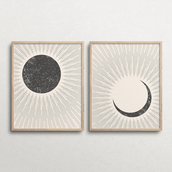 Sonne und Mond Wandkunst, druckbares Set von 2 Drucken, Abstrakter Sonnenmond, moderne Kunstdruck, Boho Dekor, Minimalistischer Druck, Line Art