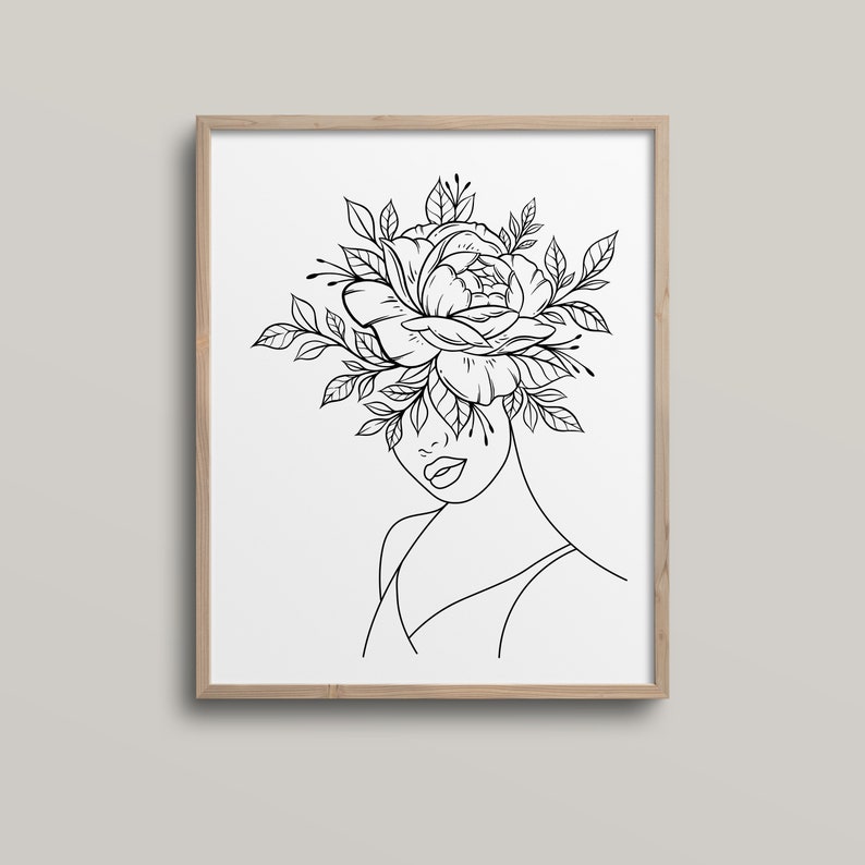 Head of Flowers Art Print Line Art Woman With Flowers Flower Etsy