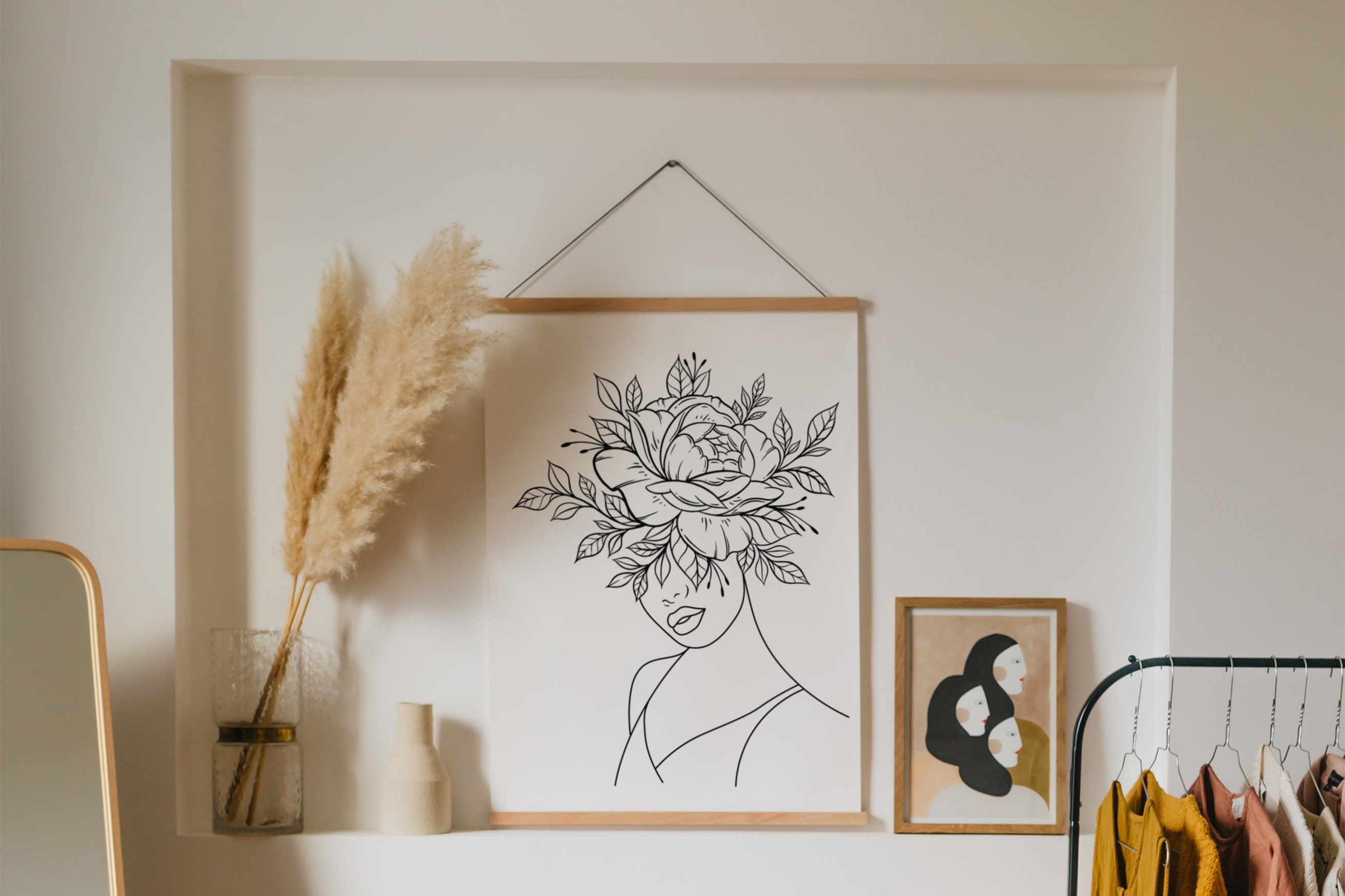 Head of Flowers Art Print Line Art Woman With Flowers Flower Etsy