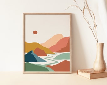 River Mountains Art Print, Warm Color Art Print, Boho Wall Prints, Abstract Poster, Neutral Wall Art, Printable Minimalist Landscape Art
