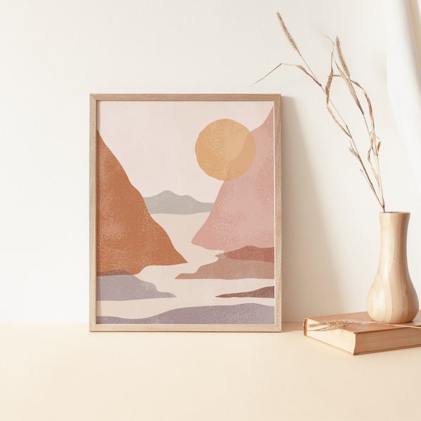 Mountains Art Print, Warm Color Art Print, Boho Wall Prints, Abstract Sun Poster, Neutral Wall Art, Printable Minimalist Landscape Art