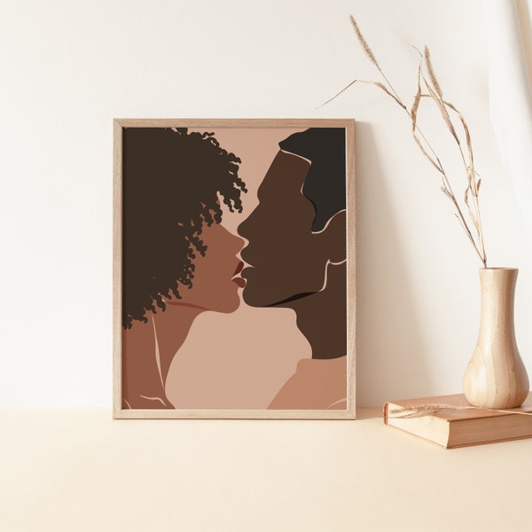 Afro American couple Art, Couple Kissing Illustration, Afro Fashion Wall Print, Boho Art, Romantic Poster