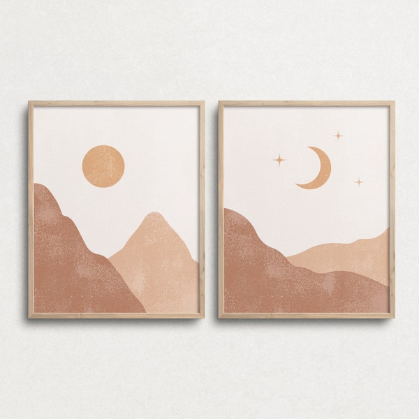 Minimalistische Landschaft Kunstdruck, Set von 2, abstrakte Sonne Wandkunst, abstrakte Landschaft Poster, Tag und Nacht Kunstdruck, Boho Kunst