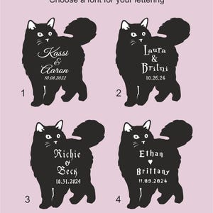 May include: Four black cat silhouettes with personalized text options for lettering. Each cat has a different name and date, with the text "Choose a font for your lettering" at the top. The background is a light purple color.