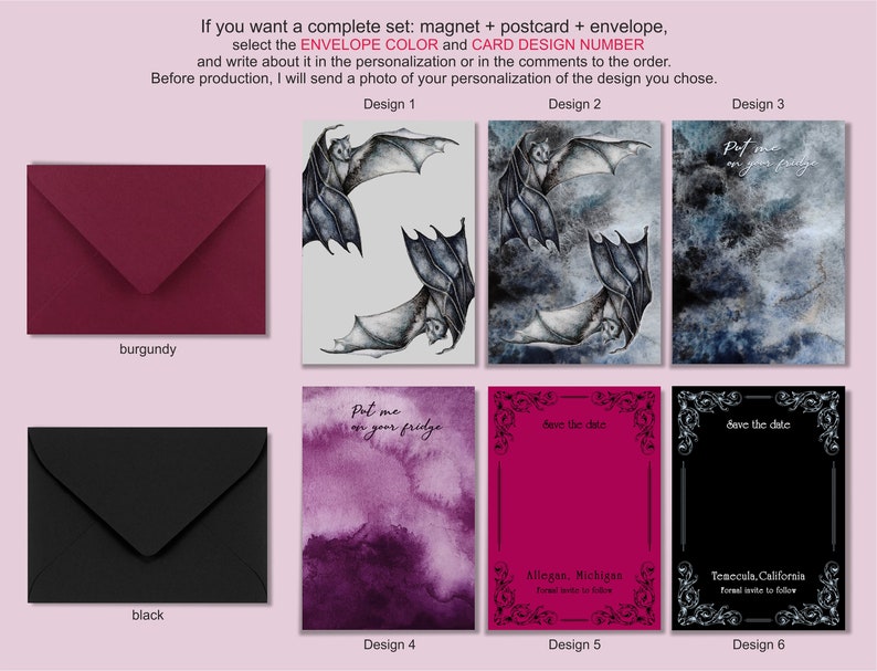 K&ouml;nnte beinhalten: Sechs verschiedene Designs f&uuml;r ein Halloween-Set mit Magnet, Postkarte und Umschlag. Die Designs zeigen Flederm&auml;use, Aquarellhintergr&uuml;nde und den Text "Put me on your fridge", "Save the date", "Allegan, Michigan" und "Temecula, California". Die Umschl&auml;ge sind in Burgunderrot und Schwarz erh&auml;ltlich.