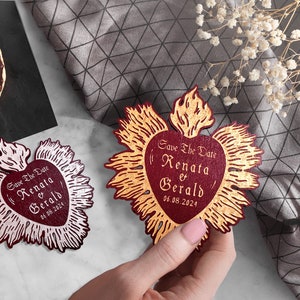 Save the dates magnets for Gothic wedding, Gothic-style, burning hearts with silver or gold lettering, burgundy, black wedding invitation