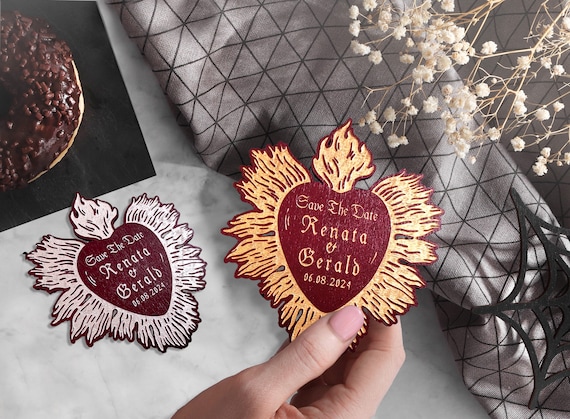 Save the dates magnets for Gothic wedding, Gothic-style, burning hearts with silver or gold lettering, burgundy, black wedding invitation