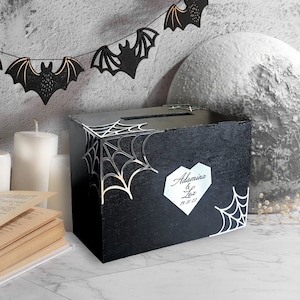 Caixa de madeira para desejos, caixa de cartão de casamento personalizada com slot, caixa de cartão de casamento preta, caixa de dinheiro de casamento de Halloween com slot, porta-cartões