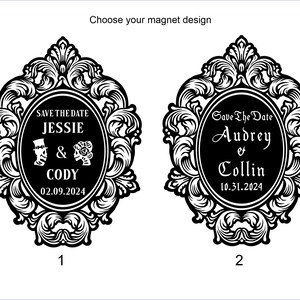 Puede incluir: Dos dise&ntilde;os de imanes para guardar la fecha en blanco y negro con marcos ornamentados. El primer dise&ntilde;o dice "Save the Date Jessie & Cody 02.09.2024". El segundo dise&ntilde;o dice "Save The Date Audrey & Collin 10.31.2024".