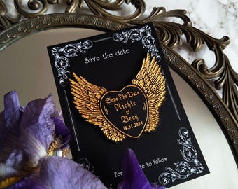 Save the dates magnets for Gothic wedding, hearts silver or gold lettering, burgundy, black wedding invitation, wedding favor magnet