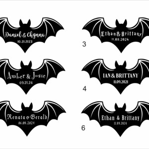 May include: Six black bat silhouettes with white text. Each bat has a couple's name and wedding date. The bats are numbered 1 through 6.