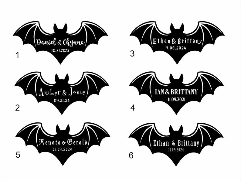 May include: Six black bat silhouettes with white text. Each bat has a couple's name and wedding date. The bats are numbered 1 through 6.