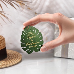 Monstera Save the Date Magnet with Luxe Silver, Gold Engraving for Tropical wedding. Hawaiian destination wedding favor gift. Wedding invite