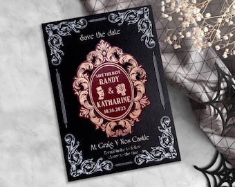 Save the dates magnets for Halloween wedding, gothic save the date cards for wedding, laser cut invitation, halloween invitation