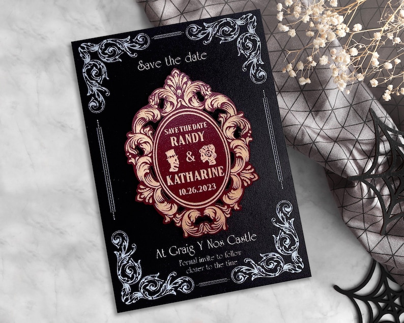 Imanes para guardar la fecha para bodas de Halloween, tarjetas góticas para guardar la fecha para bodas, invitación cortada con láser, invitación de Halloween imagen 1