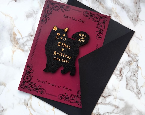 Save the dates cat magnets for Gothic wedding, Fall wedding, Victorian wedding  invitation, black wedding invitation, date magnet “to death"