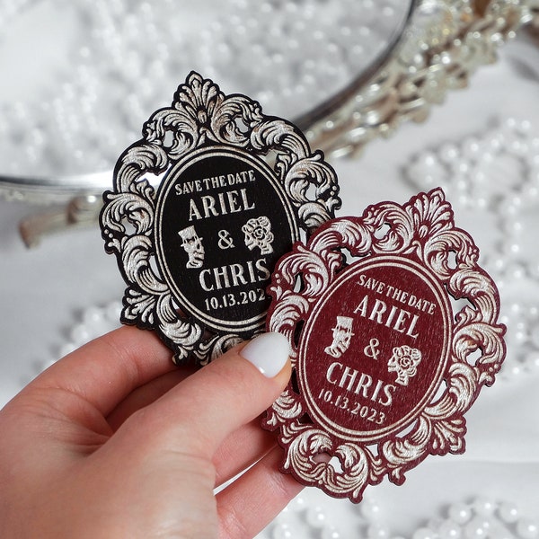 Save the dates magnets for Halloween wedding, Gothic-style skull frames with silver or gold lettering, burgundy and black wedding invitation