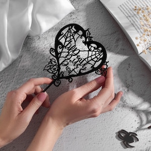 Halloween-bruidstaarttopper, Til de dood ons scheidt topper, gepersonaliseerde topper bruiloft, zwarte bruidstaart topper