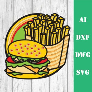 Frytki i burger Mandala DXF Laserowo wycinany burger warstwowy Burger i frytki Laser 3D Frytki wielowarstwowe SVG DXF ai Burger warstwowy Cricut Glowforge